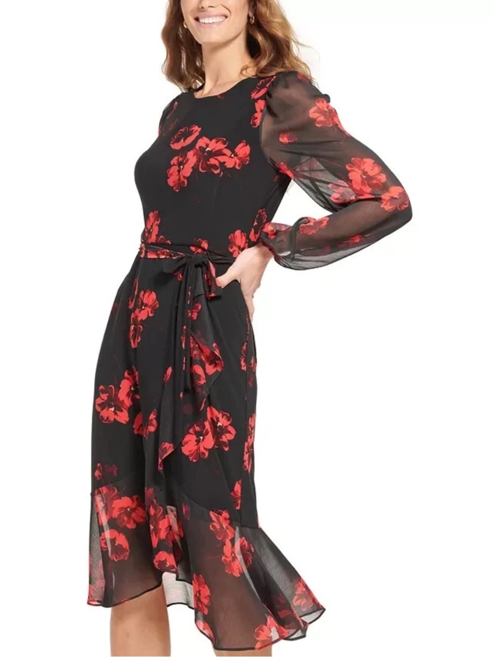 Tommy Hilfiger - Chiffon Black and Red Floral Print Midi Montreux Dress, Size 10 - Picture 7 of 16